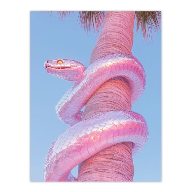 "Artery8 Shiny Chrome Pink Snake Wrapped On Palm Tree Bark Wall Art Print - Size: W12"" x H16""" - image 1