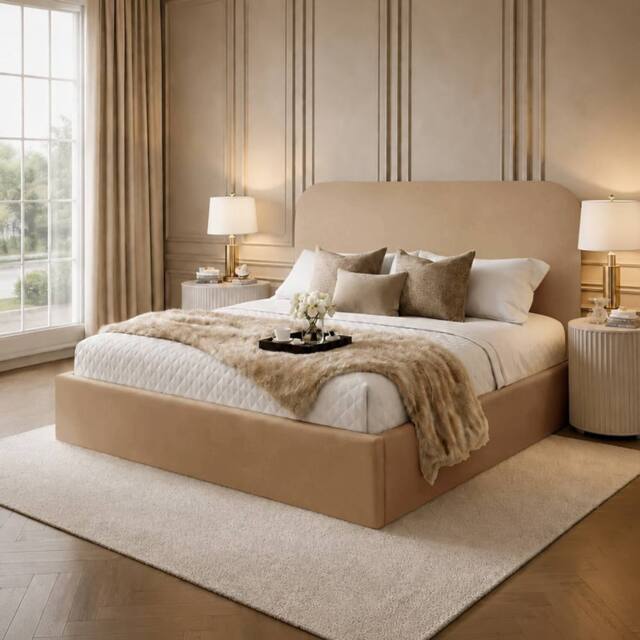 Desire Deco Plush Velvet Elysium Upholstered Bed Frame in Beige - Size: Super King - image 1