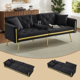 BTM Two seater sofa bed with adjustable backrest & cup holders in Black