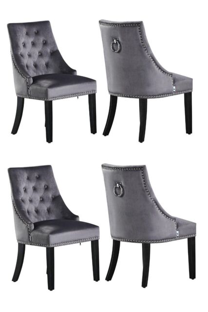 Life Interiors Set of 4 Velvet Dining Chairs Scoop Knockerback & Button Tufted, Solid Wood Legs in Dark Grey - image 1
