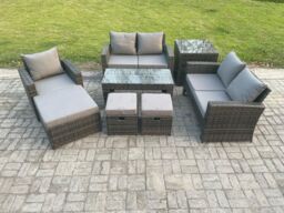 Fimous Outdoor Rattan Patio Furniture Set Garden Lounge Sofa Set with Side Table 3 Footstools Coffee Table Dark Grey Mixed - thumbnail 2