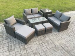 Fimous Outdoor Rattan Patio Furniture Set Garden Lounge Sofa Set with Side Table 3 Footstools Coffee Table Dark Grey Mixed - thumbnail 1