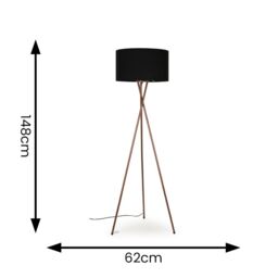 ValueLights Camden Copper Metal Tripod Floor Lamp with Drum Lamp Shade & Bulb in Black - thumbnail 2