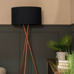 ValueLights Camden Copper Metal Tripod Floor Lamp with Drum Lamp Shade & Bulb in Black - thumbnail 1