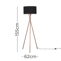 ValueLights Camden Copper Metal Tripod Floor Lamp with Drum Lamp Shade & Bulb in Black - thumbnail 7