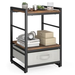 Costway Bedroom Nightstand Bedside Table w/Fabric Drawer & Open Shelf-Coffee in Brown