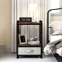 Costway Bedroom Nightstand Bedside Table w/Fabric Drawer & Open Shelf-Coffee in Brown - thumbnail 3