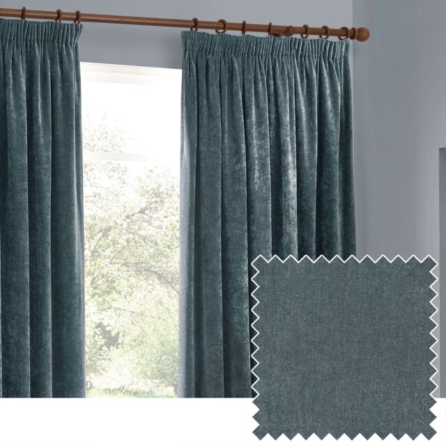 Yard Heavy Chenille Velvet Room Darkening Pencil Pleat Curtain Pair in Blue - Size: 168 cm width x 183 cm drop - image 1