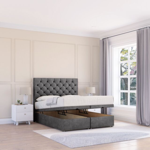 Sloomy Mayfair Plush Fabric Ottoman Bed End Opening With Sprung Memory Mattress & 26 Inch strut Headboard in Dark Grey - Size: King - image 1