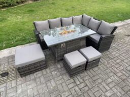 Fimous 9 Seater High Back Rattan Gas Fire Pit Corner Sofa Set Garden Furniture Heater Dining Table Set Right Hand in Dark Grey - thumbnail 3