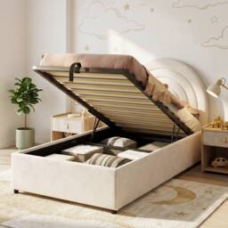 ModernLuxe Kids single upholstered bed with hydraulic storage & headboard in Beige - thumbnail 2