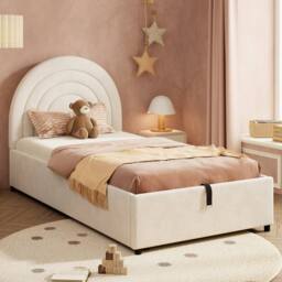 ModernLuxe Kids single upholstered bed with hydraulic storage & headboard in Beige - thumbnail 3