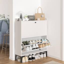 Dprodo Wooden 2 Drawer Shoe Cabinet, 100CM Height in White - Size: 100 cm x 80 cm - thumbnail 1