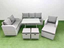 Fimous Patio Dining Table & Chairs Set with Reclining Chair 3 Stool in Light Grey - thumbnail 1