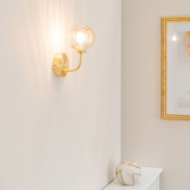 ValueLights Chessy Pair of Ribbed Glass Globe Shade Gold Stem Wall Lights - image 1