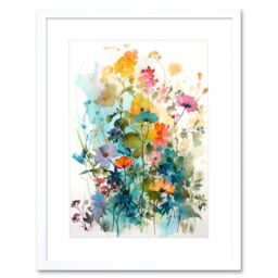 "Artery8 Wall Art Print Wild Flowers Watercolour Painting Rainbow Colour Bright Floral Spring Field Artwork Framed 9X7 Inch in White - Size: W7"" x H9""" - thumbnail 1