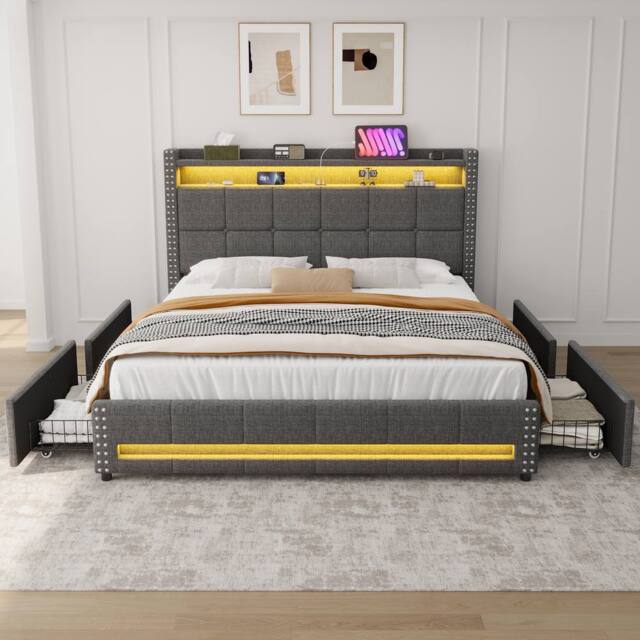 Merax 4ft6 Double Upholstered Bed with 4 Drawers, LED, Charging Station in Grey - image 1