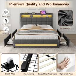 Merax 4ft6 Double Upholstered Bed with 4 Drawers, LED, Charging Station in Grey - thumbnail 8