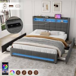 Merax 4ft6 Double Upholstered Bed with 4 Drawers, LED, Charging Station in Grey - thumbnail 2