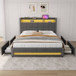 Merax 4ft6 Double Upholstered Bed with 4 Drawers, LED, Charging Station in Grey