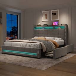 Merax 4ft6 Double Upholstered Bed with 4 Drawers, LED, Charging Station in Grey - thumbnail 5