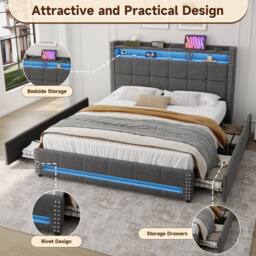 Merax 4ft6 Double Upholstered Bed with 4 Drawers, LED, Charging Station in Grey - thumbnail 6