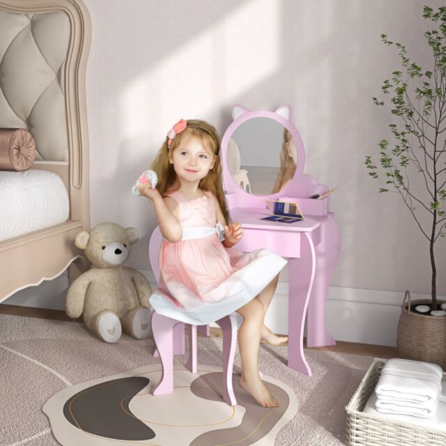 ZONEKIZ Dressing Table with Mirror & Stool, Drawer, Storage Boxes, Cat Design in Pink - image 1