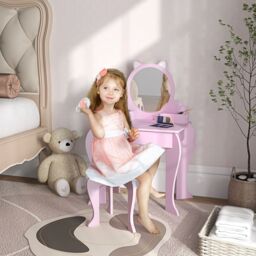 ZONEKIZ Dressing Table with Mirror & Stool, Drawer, Storage Boxes, Cat Design in Pink - thumbnail 1