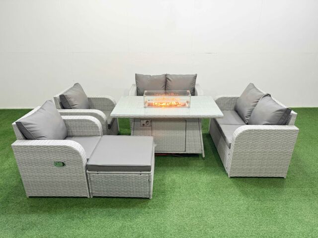 Fimous 7 Seater Outdoor Reclining Chair Love Sofa Set Rattan Garden Furniture Set with Firepit Dining Table Footstool Light Grey - image 1