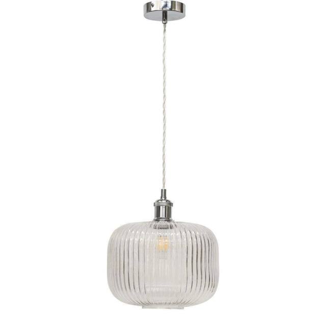First Choice Lighting Batley Large - Clear Ribbed Glass Chrome Retro Pendant Fitting