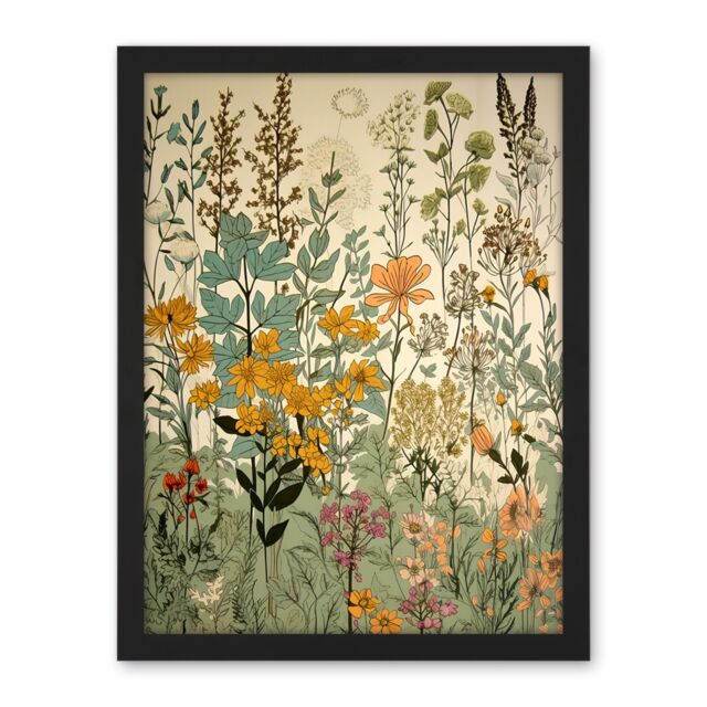 Artery8 Wall Art Print Wildflower Vintage Botanical Painting Pastel Yellow Green Teal Pink Spring Field Large Framed Wall Décor Art - image 1
