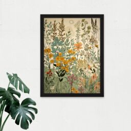 Artery8 Wall Art Print Wildflower Vintage Botanical Painting Pastel Yellow Green Teal Pink Spring Field Large Framed Wall Décor Art - thumbnail 2