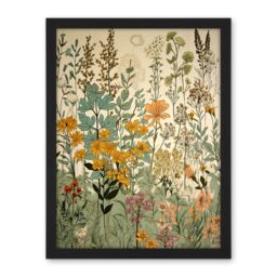 Artery8 Wall Art Print Wildflower Vintage Botanical Painting Pastel Yellow Green Teal Pink Spring Field Large Framed Wall Décor Art - thumbnail 1