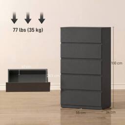 HOMCOM Bedroom Chest of Drawers, 5 Drawers Dresser, Drawer Unit in Black - thumbnail 3