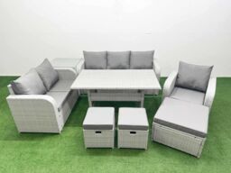 Fimous Patio PE Wicker 9 Seater Outdoor Rattan Furniture Sofa Sets w/ Rectangular Dining Table Reclining Chair Loveseat Sofa 3 Seater Sofa Stool Side - thumbnail 2
