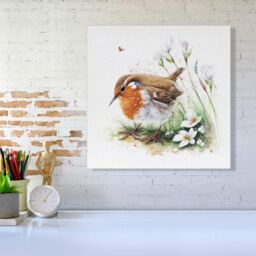 "Warren Reed - Designer Robin & Daisies Watercolour Canvas in Brown - Size: W16"" x H16""" - thumbnail 2