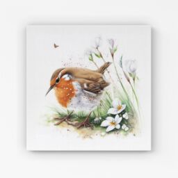 "Warren Reed - Designer Robin & Daisies Watercolour Canvas in Brown - Size: W16"" x H16""" - thumbnail 1