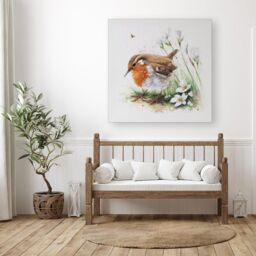 "Warren Reed - Designer Robin & Daisies Watercolour Canvas in Brown - Size: W16"" x H16""" - thumbnail 3