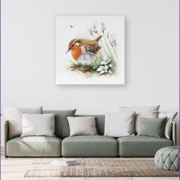 "Warren Reed - Designer Robin & Daisies Watercolour Canvas in Brown - Size: W16"" x H16""" - thumbnail 4