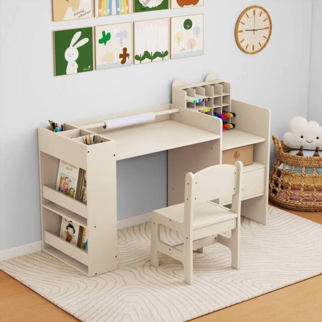 Costway Kids Art Table & Chair Set Toddler Painting Study Desk Activity Center in Natural - image 1