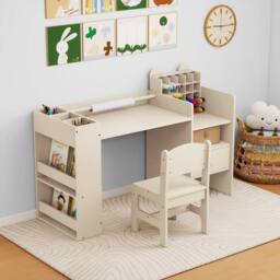 Costway Kids Art Table & Chair Set Toddler Painting Study Desk Activity Center in Natural