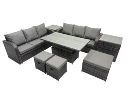Fimous Rattan Garden Furniture Set 9-seater with 2 Side Table 3 Footstools in Dark Grey - thumbnail 2