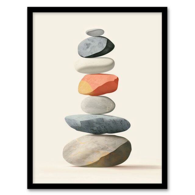 Artery8 Stacked Rock Cairn Bright Vertical Boho Design Framed Wall Art in Grey - Size: A4 - image 1