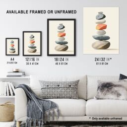 Artery8 Stacked Rock Cairn Bright Vertical Boho Design Framed Wall Art in Grey - Size: A4 - thumbnail 3