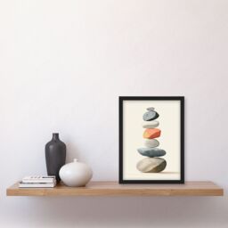 Artery8 Stacked Rock Cairn Bright Vertical Boho Design Framed Wall Art in Grey - Size: A4 - thumbnail 4