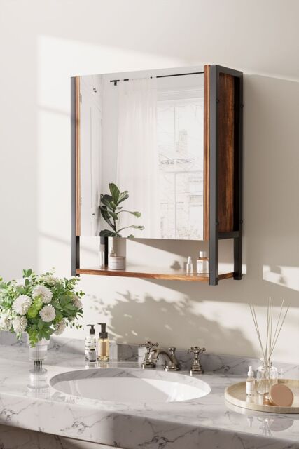 H&O Direct Wall-Mounted 3-Tier Mirror Cabinet with Metal Frame in Brown - image 1