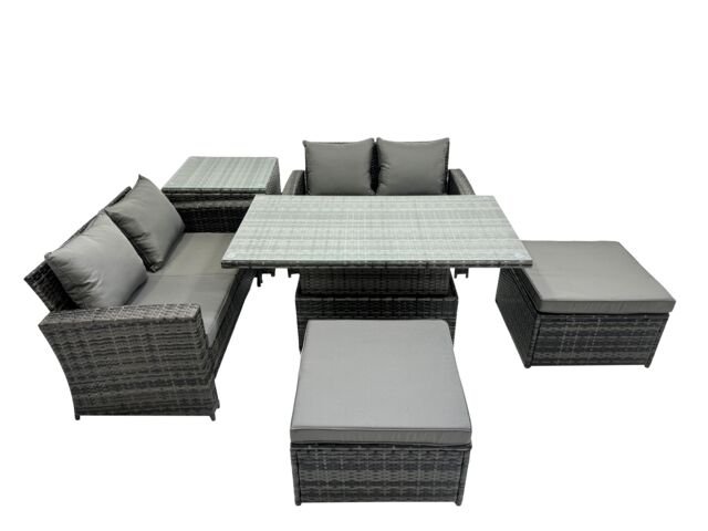 Fimous Outdoor Love Sofa Set 6 Seat Rattan Garden Furniture Set & Big Stools in Dark Grey