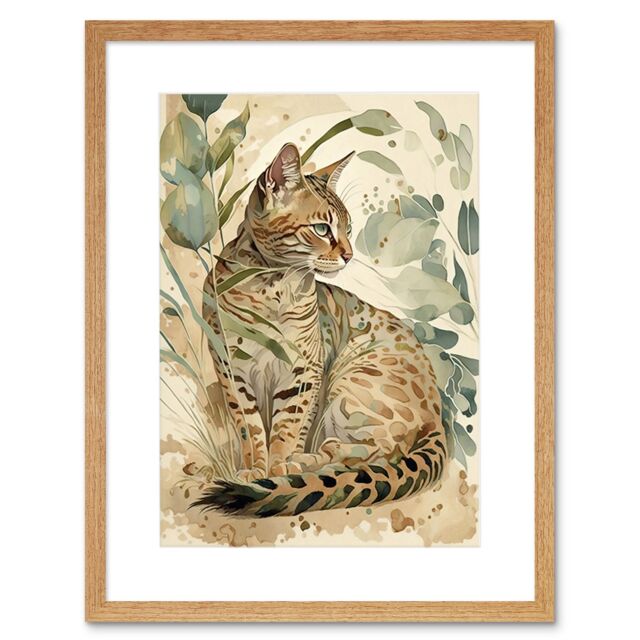 "Artery8 Wall Art Print Spotted Fur Coat Bengal Cat in Nature Pastel Watercolour Artwork Framed 9X7 Inch in Beige - Size: W7"" x H9""" - image 1