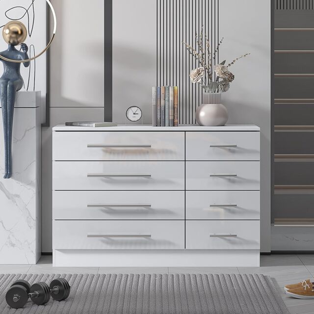 Harmin High Gloss 8 Drawer Sideboard, Cupboard, Buffet Solo, Chest of Drawers in White - image 1