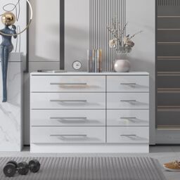 Harmin High Gloss 8 Drawer Sideboard, Cupboard, Buffet Solo, Chest of Drawers in White